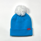 Bright Blue Pom Pom Hat with White Embroidered Marlie Logo