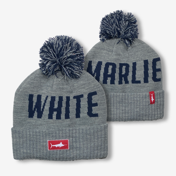 Steel Heather Pom Pom Hat with White Marlie Text on Front and Back