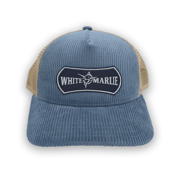 White Marlie Slate Blue Corduroy Trucker Hat