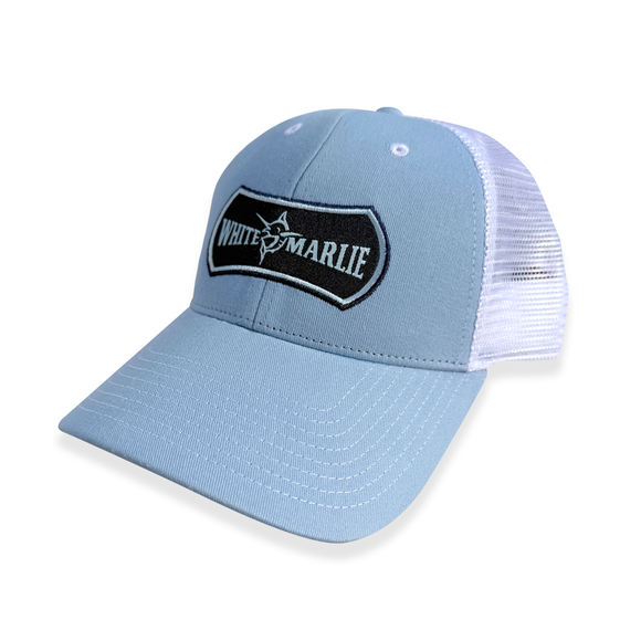 White Marlie Light Blue Trucker Hat